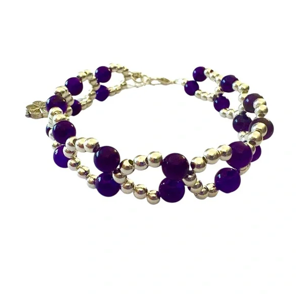 Purple Carnelian Chalcedony and Silver Seed Bead Bracelet with Adjuster - Picture 10 of 10